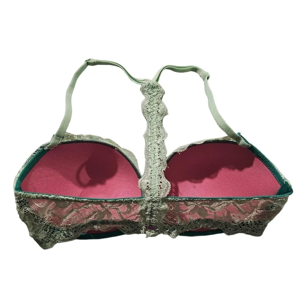 PINK Victorias Secret Bra Womens 32D Green Lace Front Clasp Pushup Underwire‎
